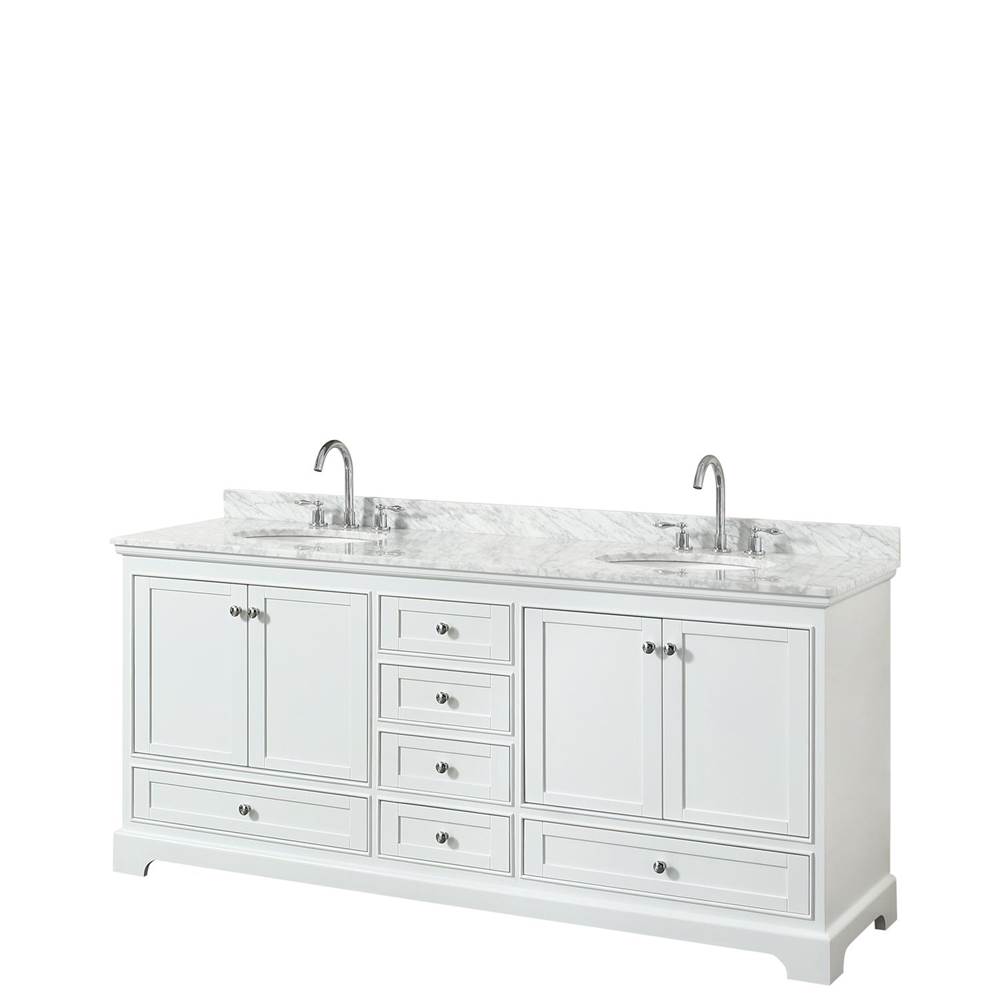 Wyndham Collection Deborah 80 Inch Double Bathroom Vanity in White, White Carrara Marble Countertop, Undermount Oval Sinks, and No Mirrors