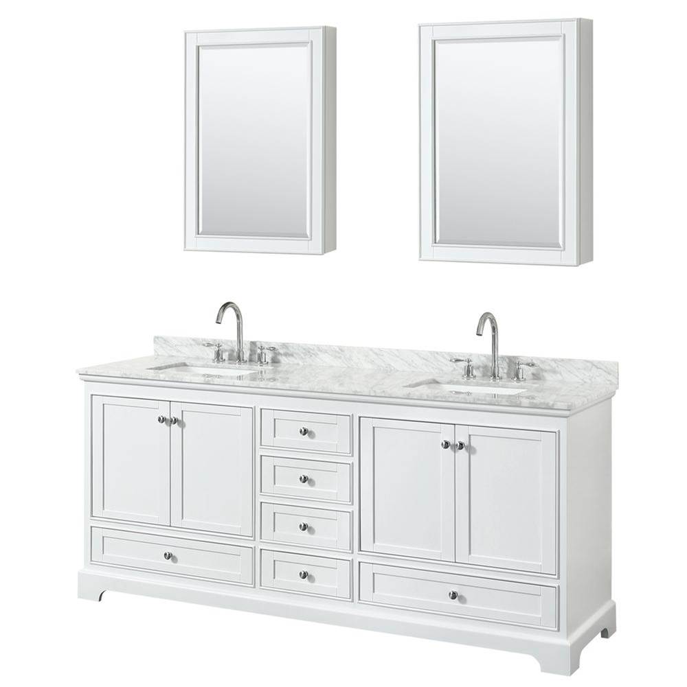 Wyndham Collection Deborah 80 Inch Double Bathroom Vanity in White, White Carrara Marble Countertop, Undermount Square Sinks, and Medicine Cabinets