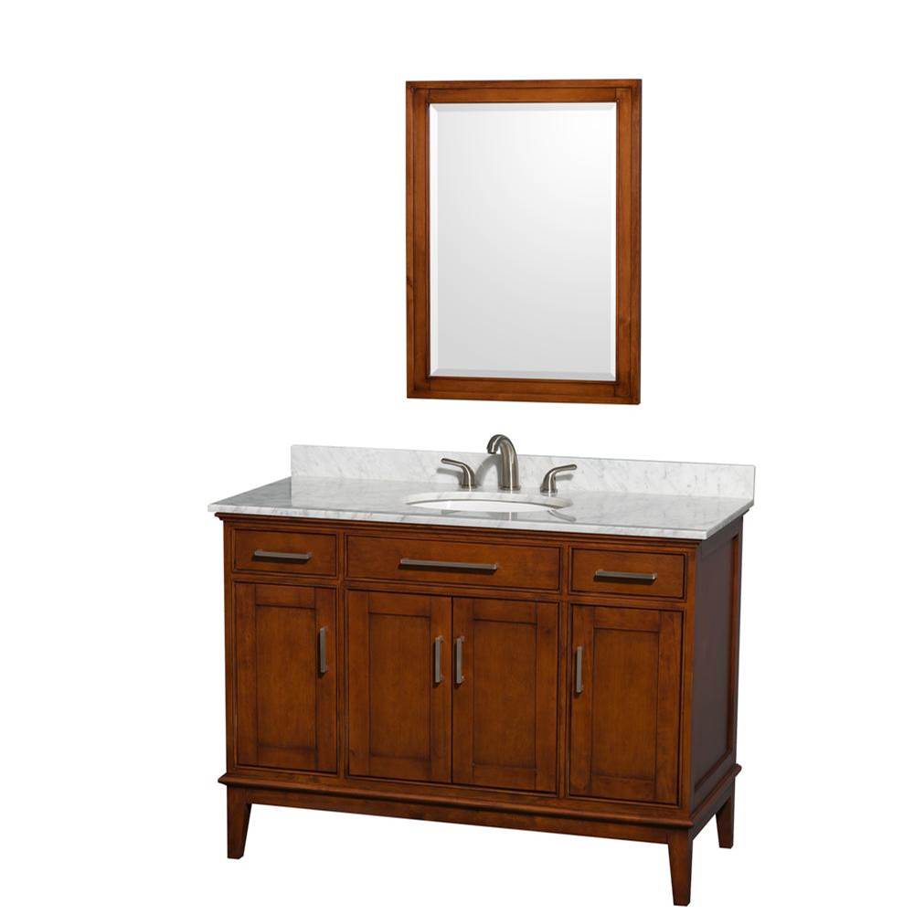 Wyndham Collection Hatton 48 Inch Single Bathroom Vanity in Light Chestnut, White Carrara Marble Countertop, Undermount Oval Sink, and 24 Inch Mirror