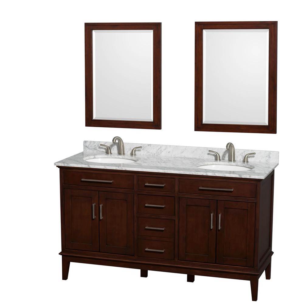 Wyndham Collection Hatton 60 Inch Double Bathroom Vanity in Dark Chestnut, White Carrara Marble Countertop, Undermount Oval Sinks, and 24 Inch Mirrors
