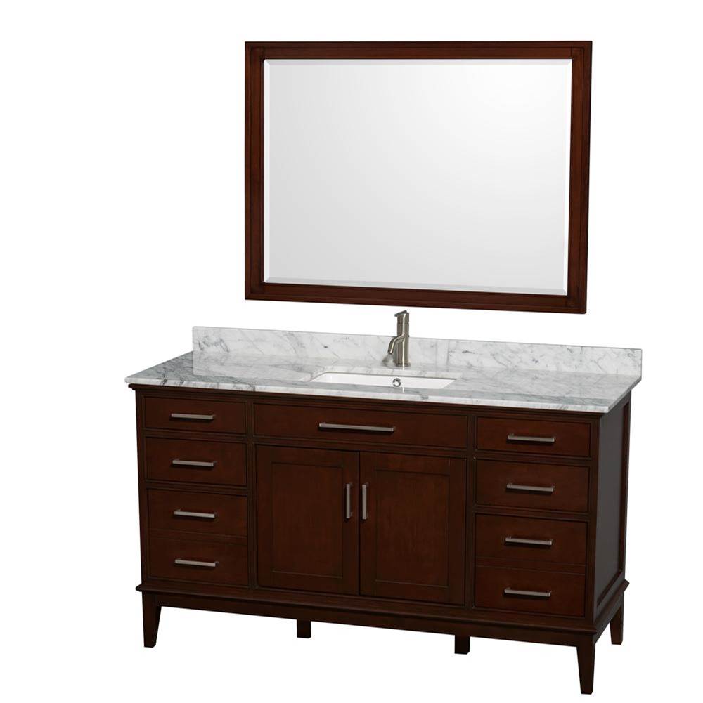 Wyndham Collection Hatton 60 Inch Single Bathroom Vanity in Dark Chestnut, White Carrara Marble Countertop, Undermount Square Sink, and 44 Inch Mirror
