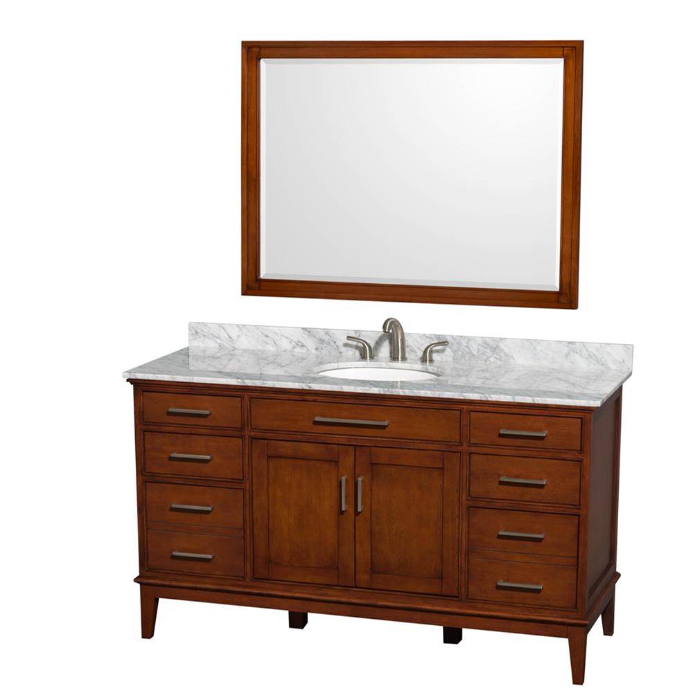 Wyndham Collection Hatton 60 Inch Single Bathroom Vanity in Light Chestnut, White Carrara Marble Countertop, Undermount Oval Sink, and 44 Inch Mirror