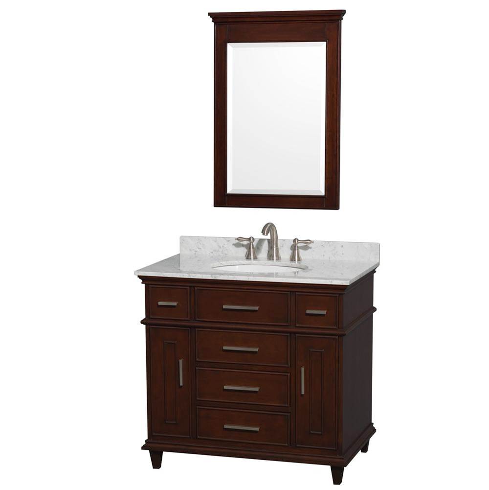 Wyndham Collection Berkeley 36 Inch Single Bathroom Vanity in Dark Chestnut with White Carrara Marble Top with White Undermount Oval Sink and 24 Inch Mirror