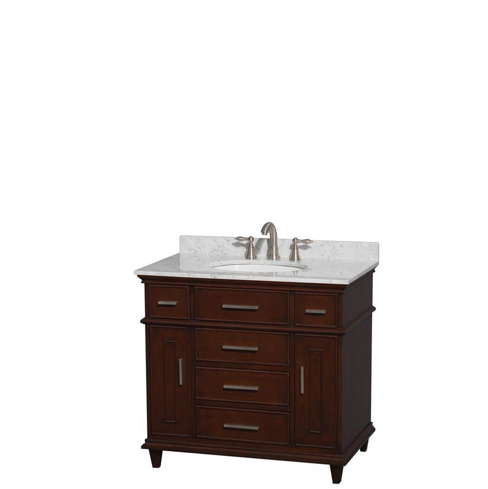 Wyndham Collection Berkeley 36 Inch Single Bathroom Vanity in Dark Chestnut with White Carrara Marble Top with White Undermount Oval Sink and No Mirror