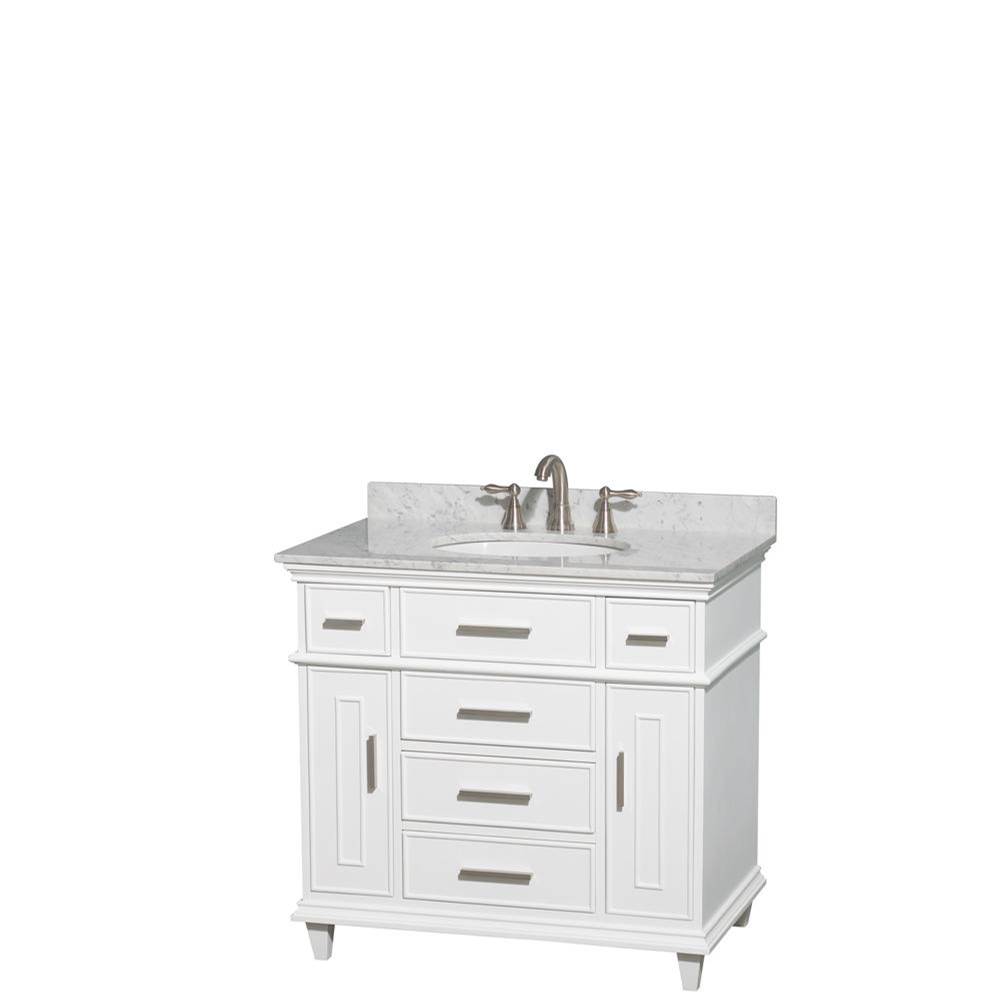 Wyndham Collection Berkeley 36 Inch Single Bathroom Vanity in White with White Carrara Marble Top with White Undermount Oval Sink and No Mirror