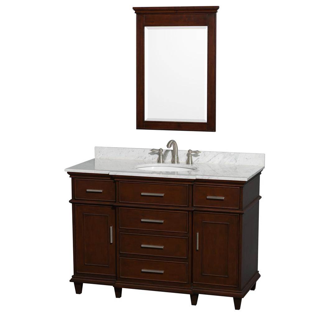 Wyndham Collection Berkeley 48 Inch Single Bathroom Vanity in Dark Chestnut with White Carrara Marble Top with White Undermount Oval Sink and 24 Inch Mirror