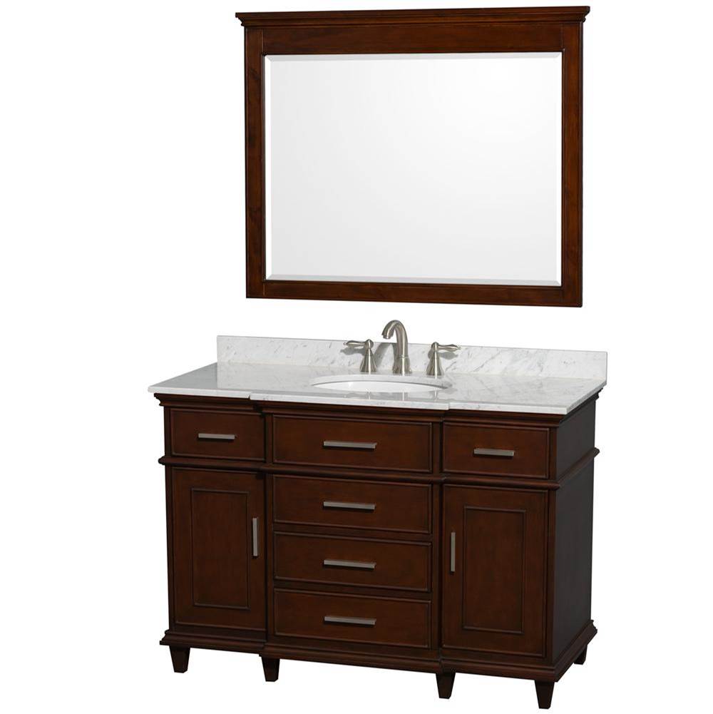 Wyndham Collection Berkeley 48 Inch Single Bathroom Vanity in Dark Chestnut with White Carrara Marble Top with White Undermount Oval Sink and 44 Inch Mirror