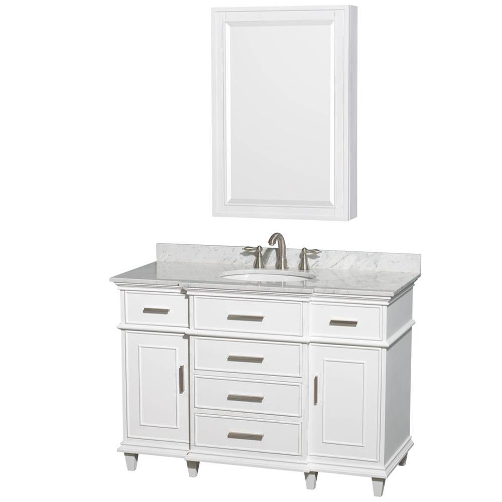 Wyndham Collection Berkeley 48 Inch Single Bathroom Vanity in White, White Carrara Marble Countertop, Undermount Round Sink, 24 Inch Medicine Cabinet