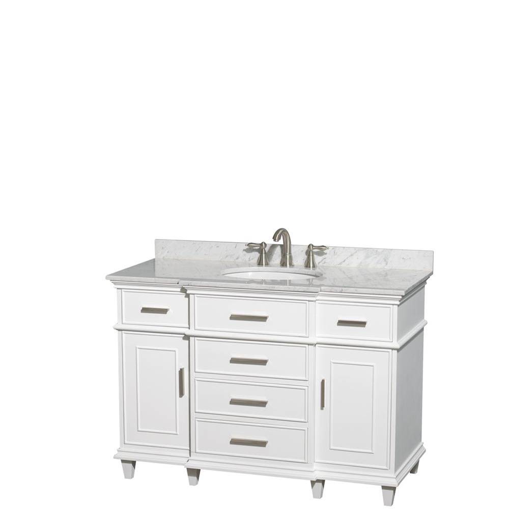 Wyndham Collection Berkeley 48 Inch Single Bathroom Vanity in White with White Carrara Marble Top with White Undermount Oval Sink and No Mirror