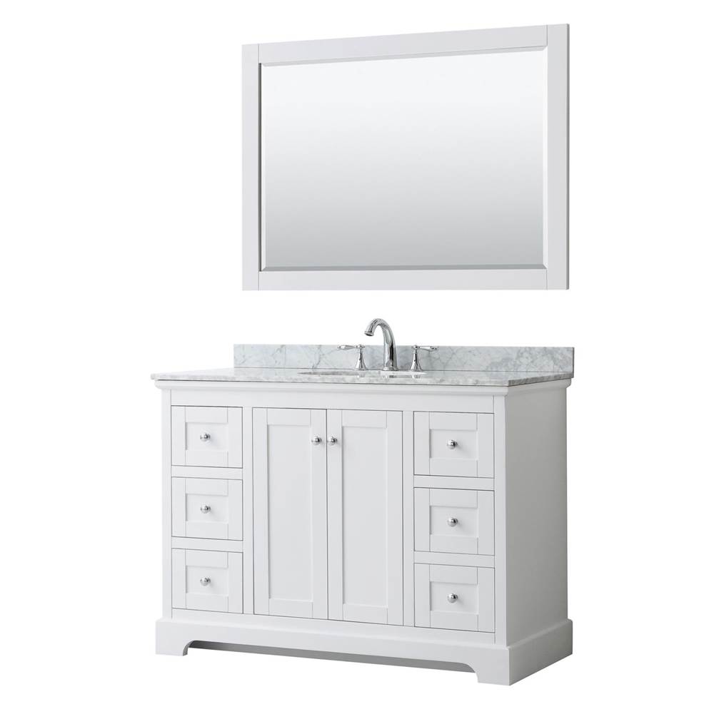 Wyndham Collection Avery 48 Inch Single Bathroom Vanity in White, White Carrara Marble Countertop, Undermount Oval Sink, and 46 Inch Mirror