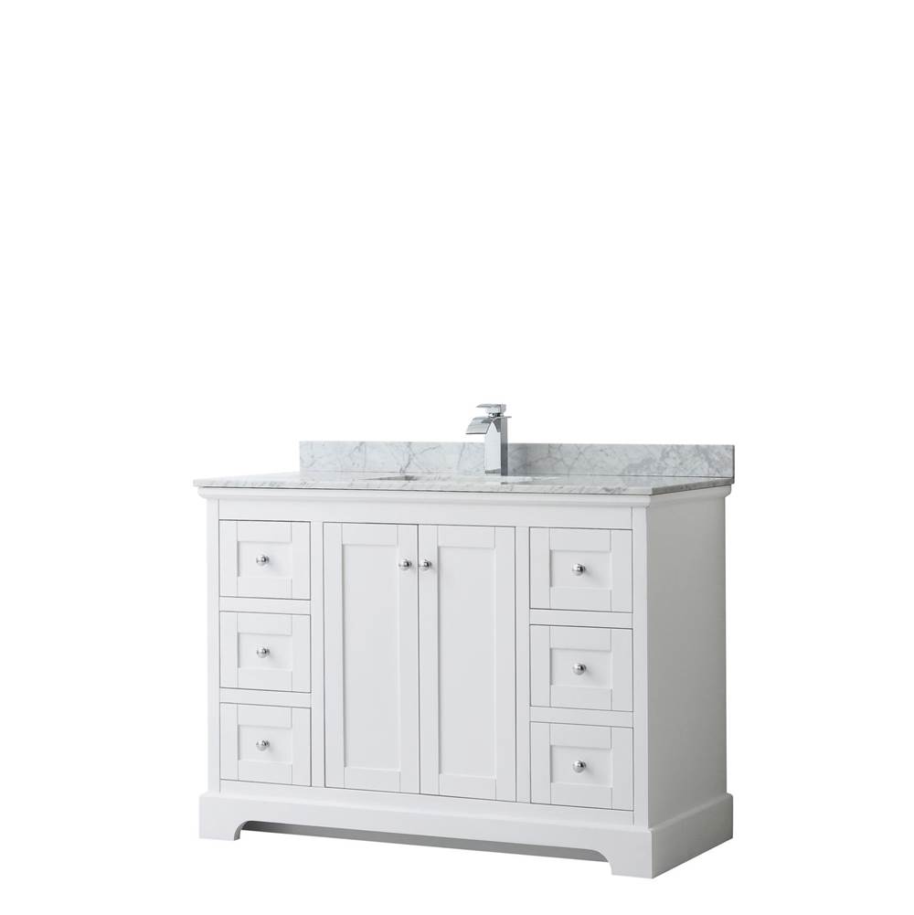 Wyndham Collection Avery 48 Inch Single Bathroom Vanity in White, White Carrara Marble Countertop, Undermount Square Sink, and No Mirror