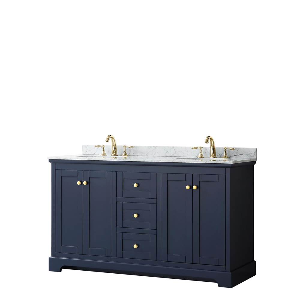 Wyndham Collection Avery 60 Inch Double Bathroom Vanity in Dark Blue, White Carrara Marble Countertop, Undermount Oval Sinks, and No Mirror