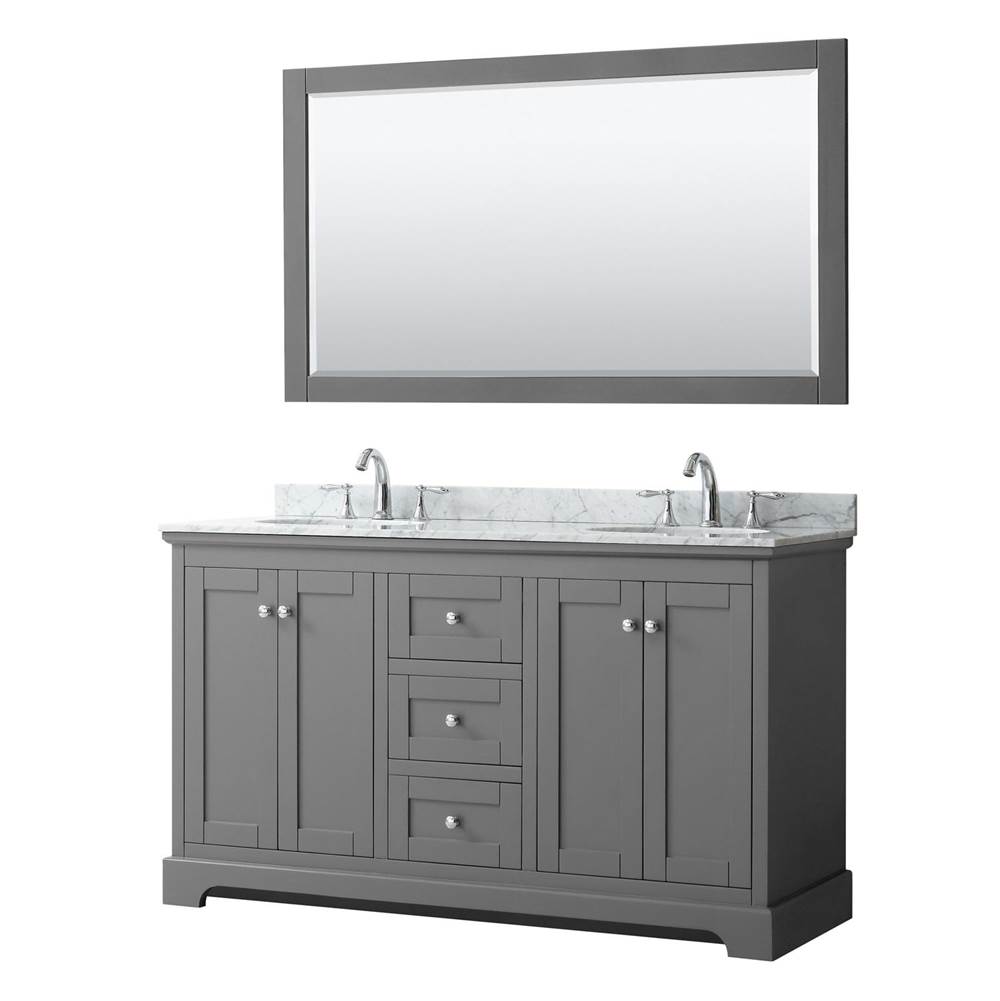 Wyndham Collection Avery 60 Inch Double Bathroom Vanity in Dark Gray, White Carrara Marble Countertop, Undermount Oval Sinks, and 58 Inch Mirror