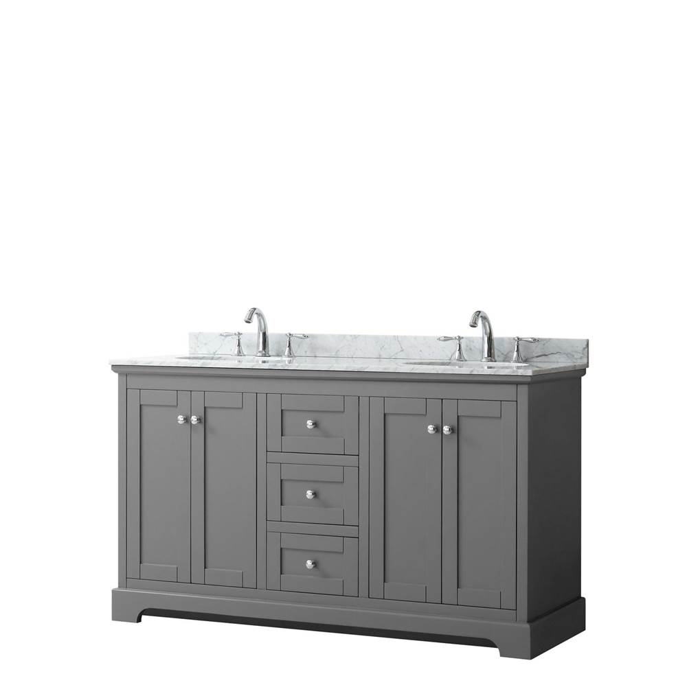 Wyndham Collection Avery 60 Inch Double Bathroom Vanity in Dark Gray, White Carrara Marble Countertop, Undermount Oval Sinks, and No Mirror