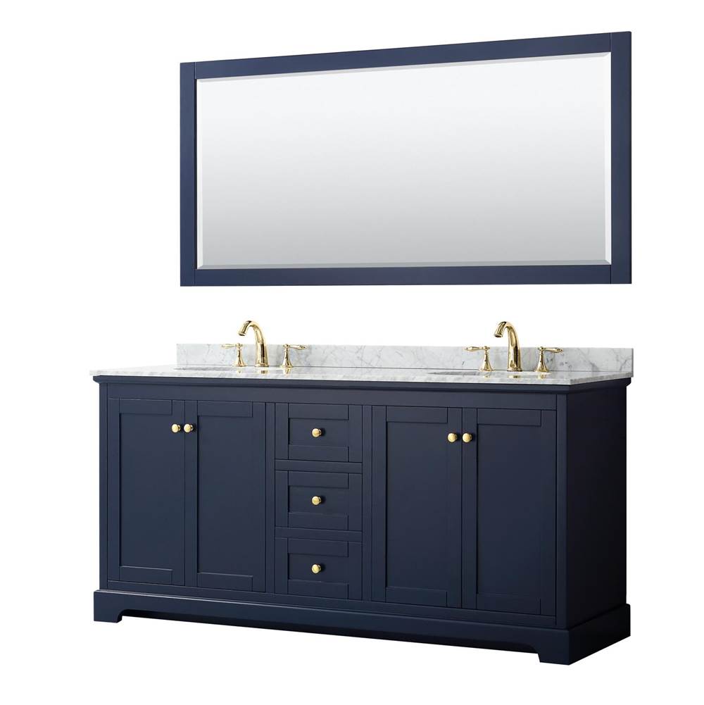 Wyndham Collection Avery 72 Inch Double Bathroom Vanity in Dark Blue, White Carrara Marble Countertop, Undermount Oval Sinks, and 70 Inch Mirror