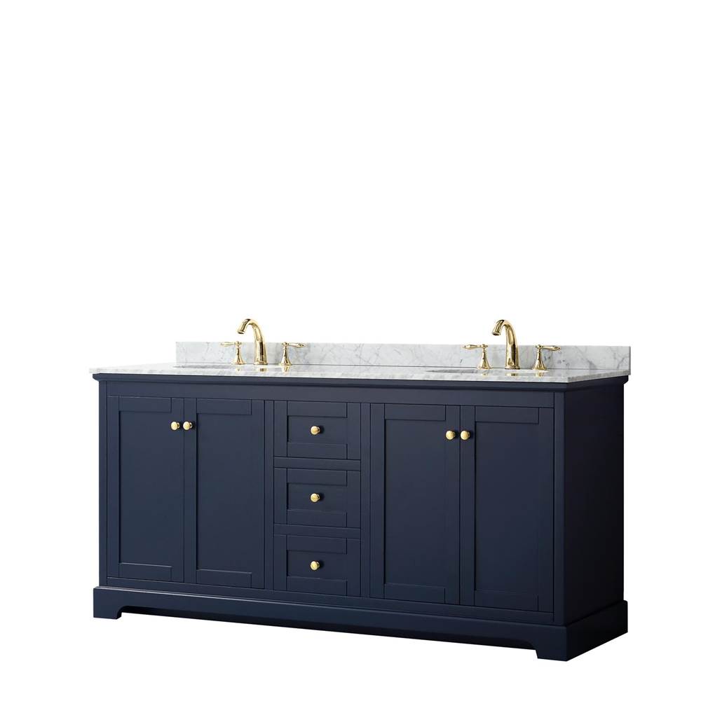 Wyndham Collection Avery 72 Inch Double Bathroom Vanity in Dark Blue, White Carrara Marble Countertop, Undermount Oval Sinks, and No Mirror