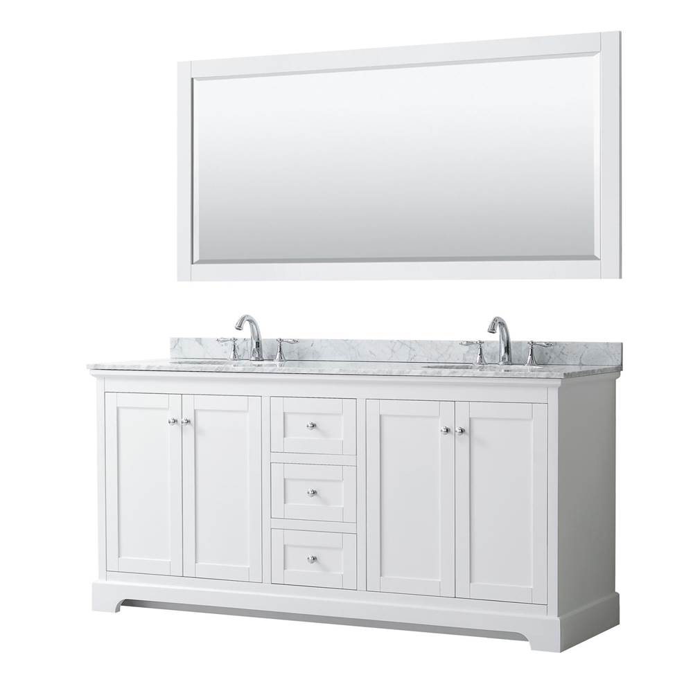 Wyndham Collection Avery 72 Inch Double Bathroom Vanity in White, White Carrara Marble Countertop, Undermount Oval Sinks, and 70 Inch Mirror