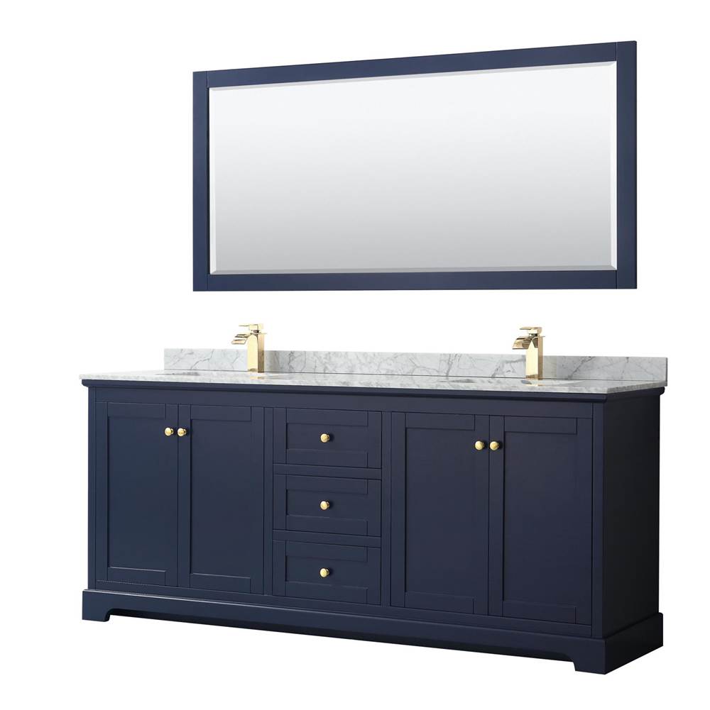 Wyndham Collection Avery 80 Inch Double Bathroom Vanity in Dark Blue, White Carrara Marble Countertop, Undermount Square Sinks, and 70 Inch Mirror