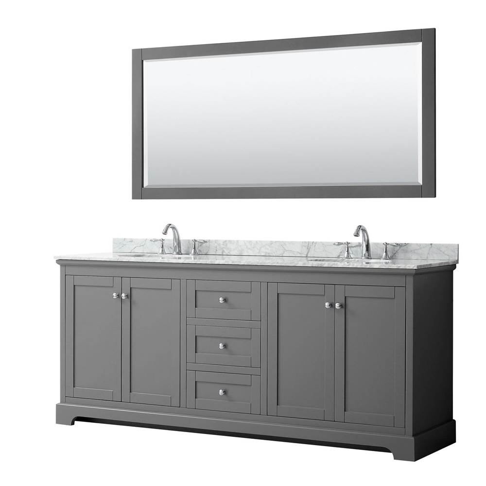 Wyndham Collection Avery 80 Inch Double Bathroom Vanity in Dark Gray, White Carrara Marble Countertop, Undermount Oval Sinks, and 70 Inch Mirror
