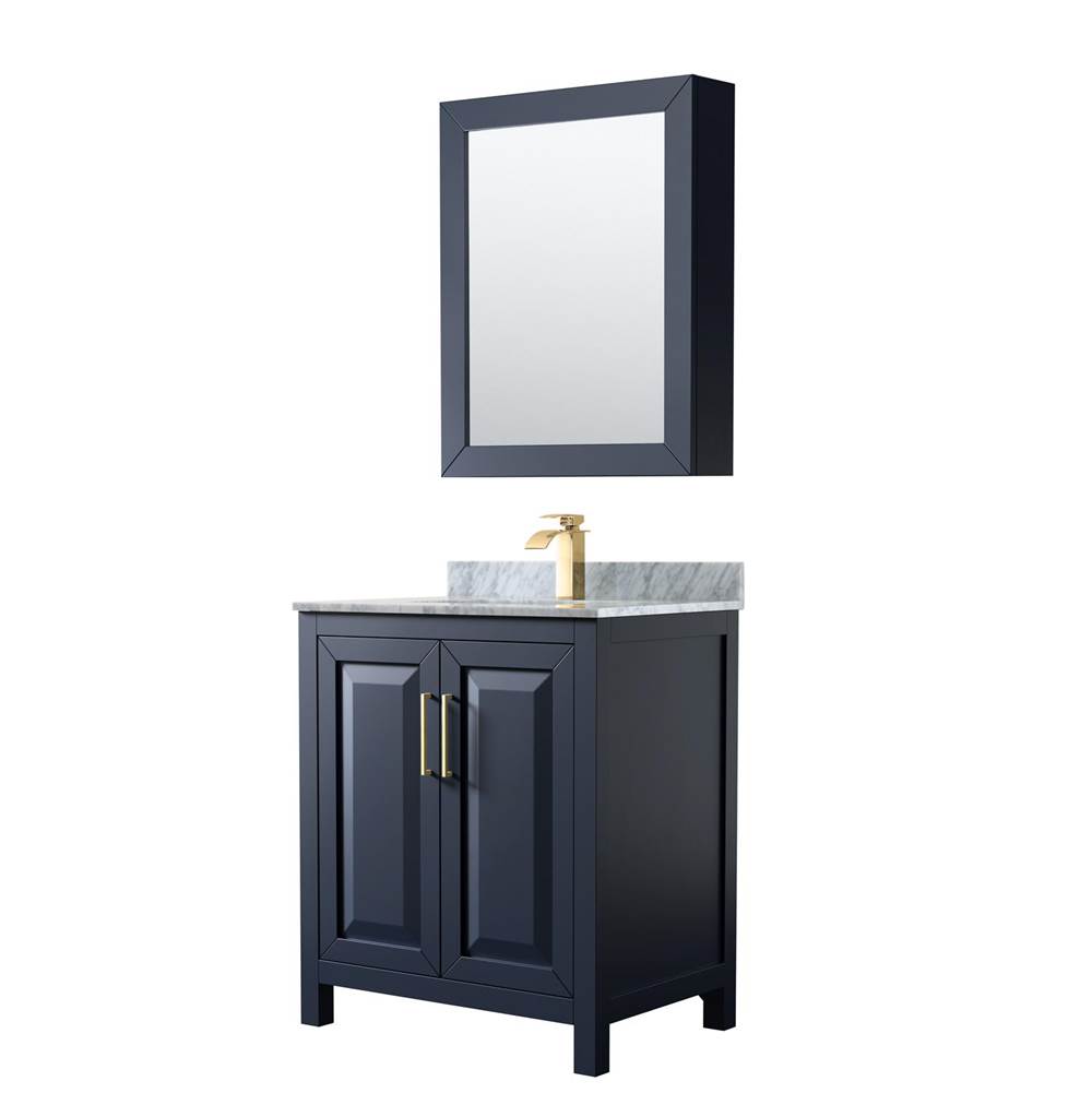 Wyndham Collection Daria 30 Inch Single Bathroom Vanity in Dark Blue, White Carrara Marble Countertop, Undermount Square Sink, Medicine Cabinet