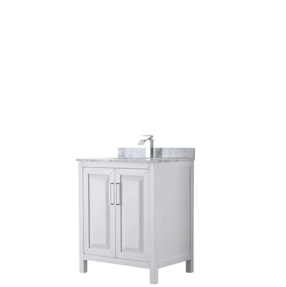 Wyndham Collection Daria 30 Inch Single Bathroom Vanity in White, White Carrara Marble Countertop, Undermount Square Sink, and No Mirror