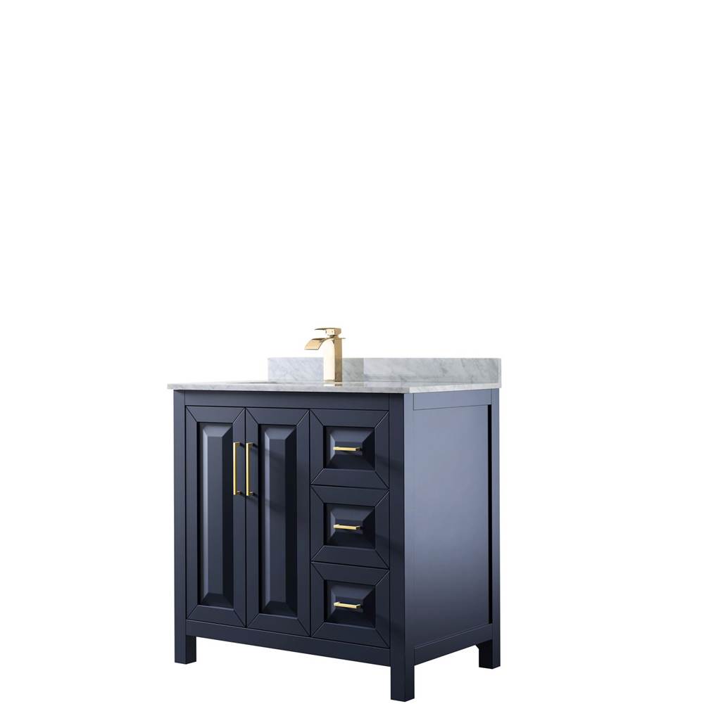 Wyndham Collection Daria 36 Inch Single Bathroom Vanity in Dark Blue, White Carrara Marble Countertop, Undermount Square Sink, No Mirror