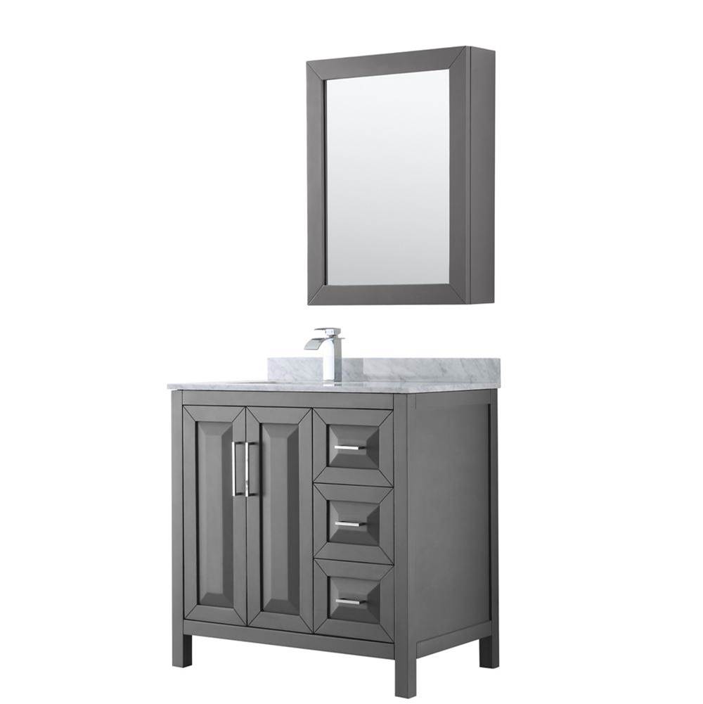 Wyndham Collection Daria 36 Inch Single Bathroom Vanity in Dark Gray, White Carrara Marble Countertop, Undermount Square Sink, and Medicine Cabinet