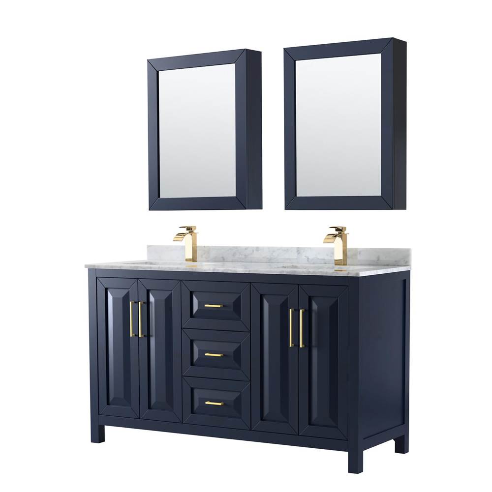Wyndham Collection Daria 60 Inch Double Bathroom Vanity in Dark Blue, White Carrara Marble Countertop, Undermount Square Sinks, Medicine Cabinets