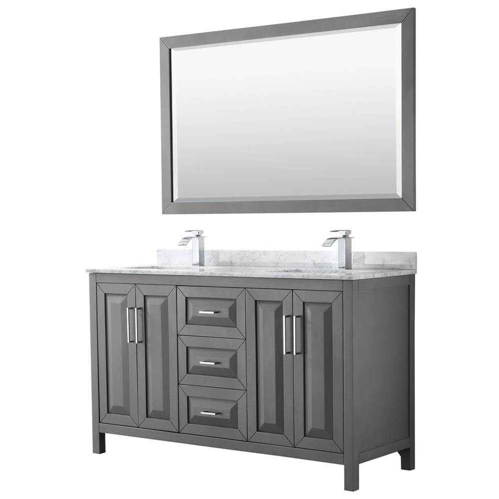 Wyndham Collection Daria 60 Inch Double Bathroom Vanity in Dark Gray, White Carrara Marble Countertop, Undermount Square Sinks, and 58 Inch Mirror