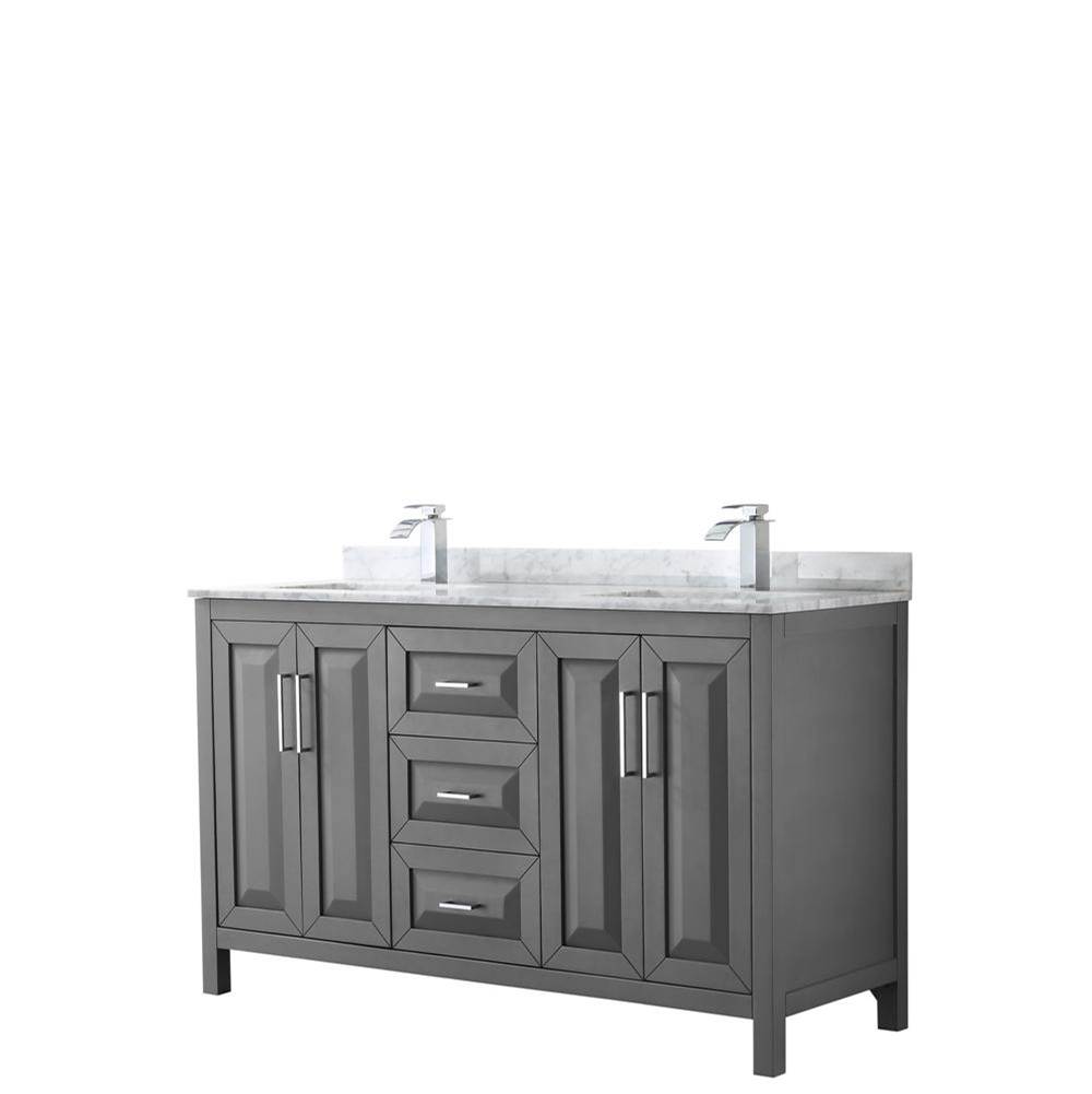 Wyndham Collection Daria 60 Inch Double Bathroom Vanity in Dark Gray, White Carrara Marble Countertop, Undermount Square Sinks, and No Mirror
