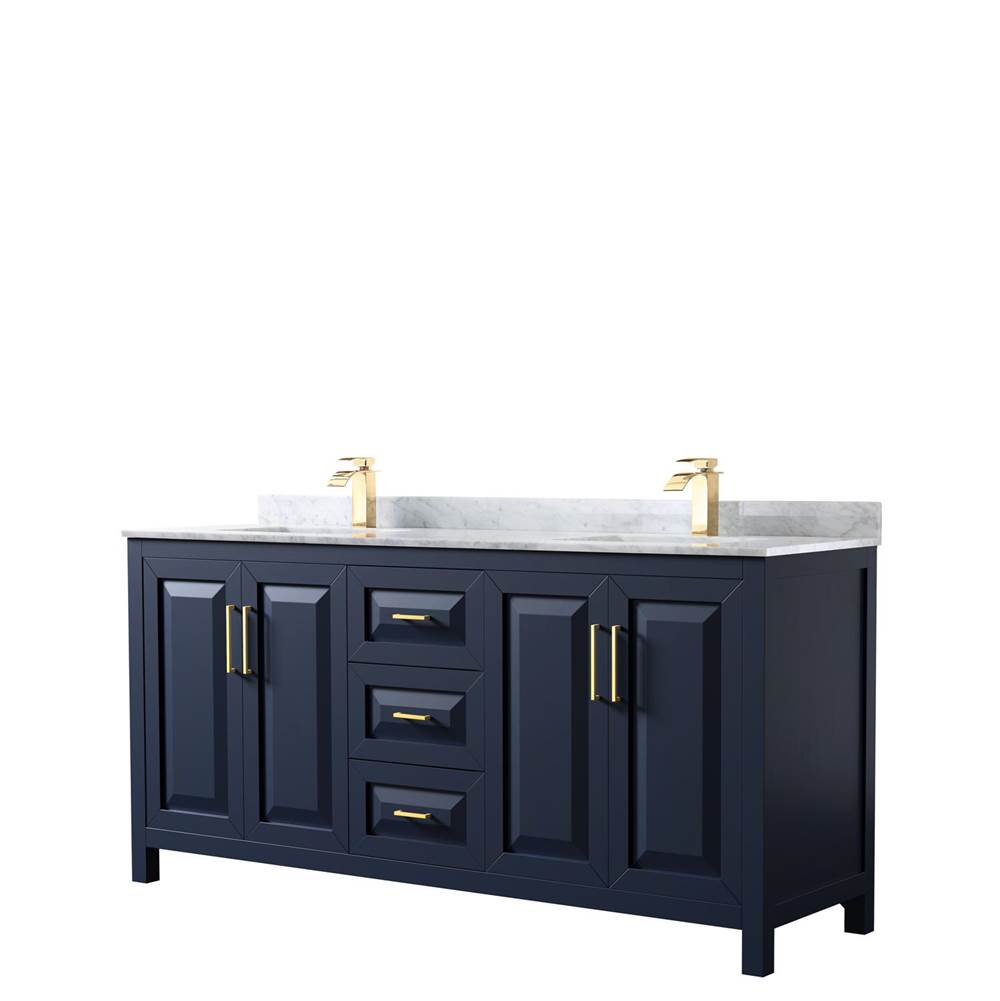 Wyndham Collection Daria 72 Inch Double Bathroom Vanity in Dark Blue, White Carrara Marble Countertop, Undermount Square Sinks, No Mirror