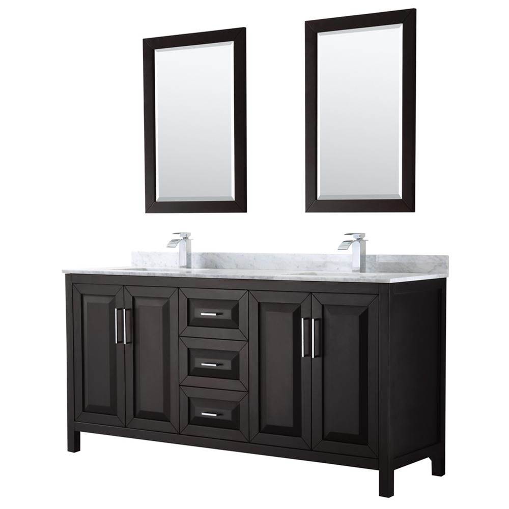 Wyndham Collection Daria 72 Inch Double Bathroom Vanity in Dark Espresso, White Carrara Marble Countertop, Undermount Square Sinks, and 24 Inch Mirrors