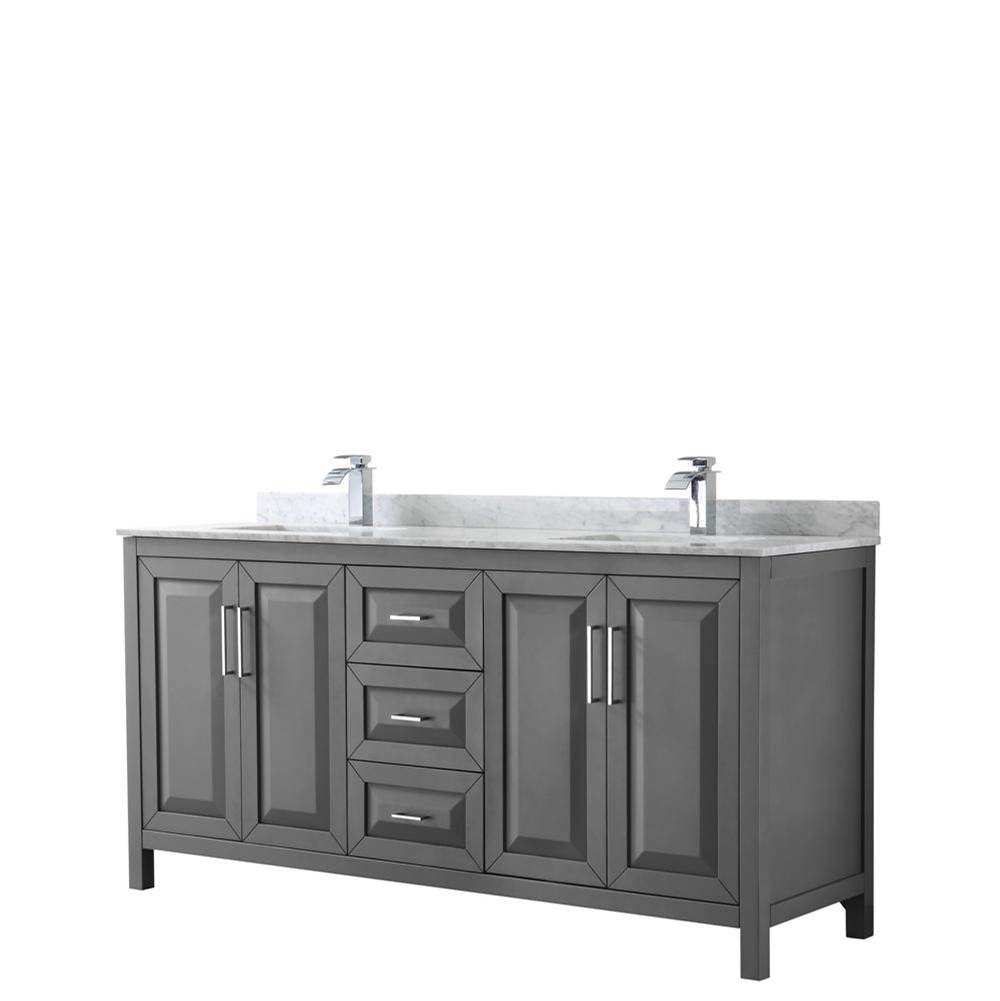 Wyndham Collection Daria 72 Inch Double Bathroom Vanity in Dark Gray, White Carrara Marble Countertop, Undermount Square Sinks, and No Mirror