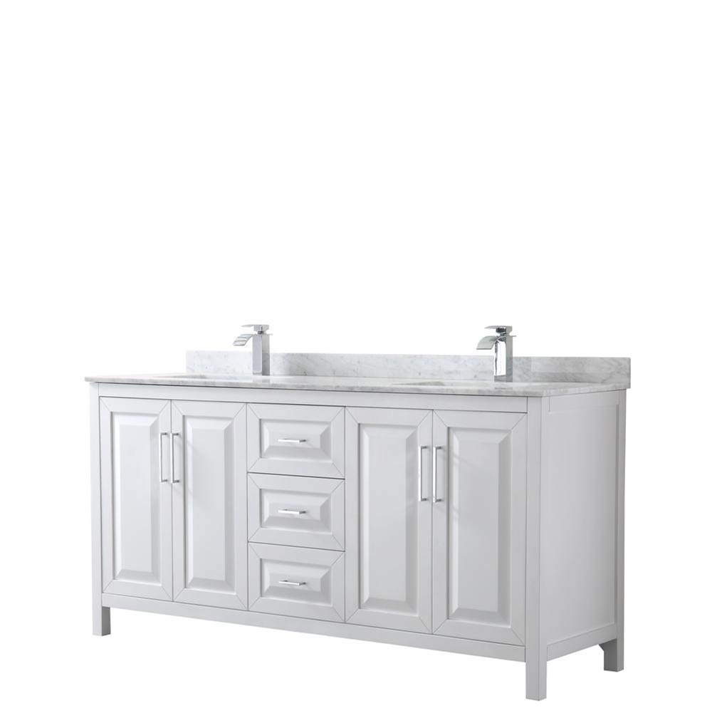 Wyndham Collection Daria 72 Inch Double Bathroom Vanity in White, White Carrara Marble Countertop, Undermount Square Sinks, and No Mirror