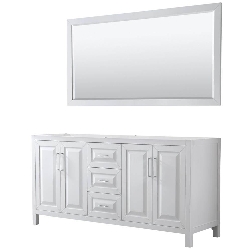 Wyndham Collection Daria 72 Inch Double Bathroom Vanity in White, No Countertop, No Sink, and 70 Inch Mirror