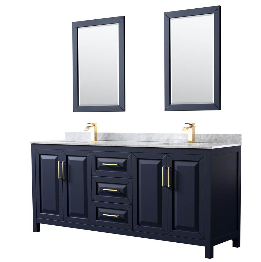 Wyndham Collection Daria 80 Inch Double Bathroom Vanity in Dark Blue, White Carrara Marble Countertop, Undermount Square Sinks, 24 Inch Mirrors