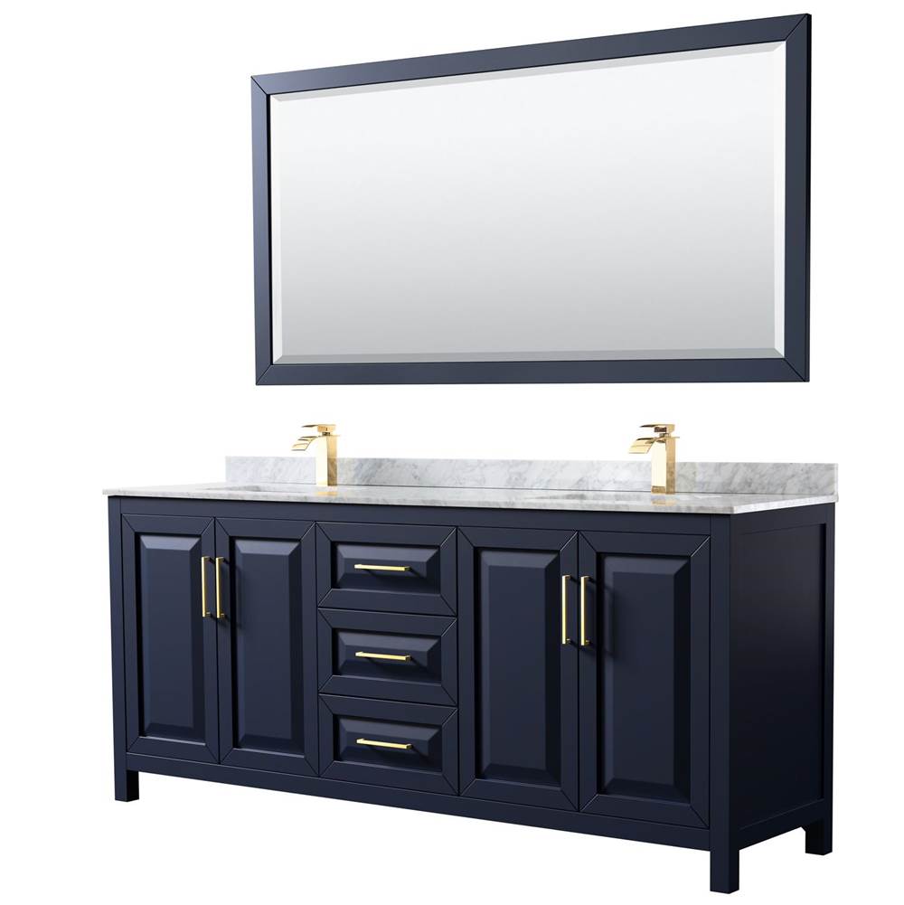 Wyndham Collection Daria 80 Inch Double Bathroom Vanity in Dark Blue, White Carrara Marble Countertop, Undermount Square Sinks, 70 Inch Mirror