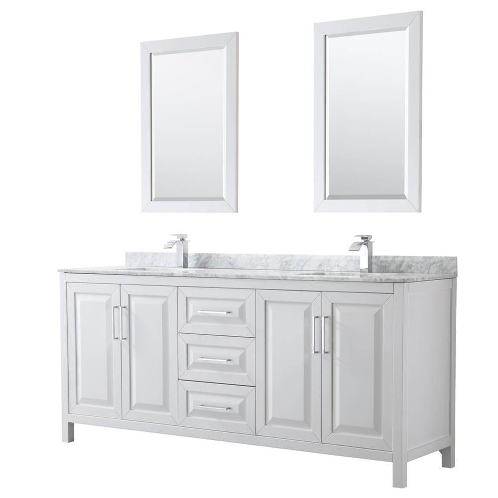 Wyndham Collection Daria 80 Inch Double Bathroom Vanity in White, White Carrara Marble Countertop, Undermount Square Sinks, and 24 Inch Mirrors