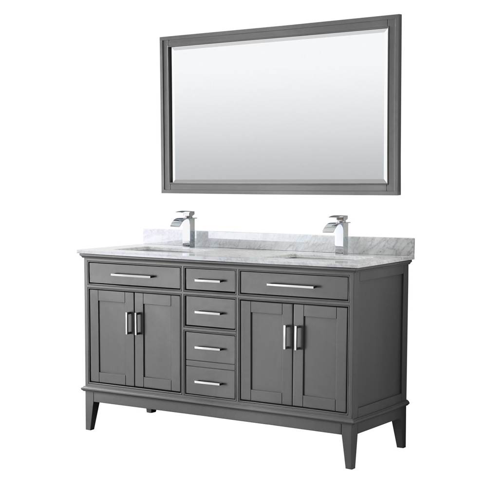 Wyndham Collection Margate 60 Inch Double Bathroom Vanity in Dark Gray, White Carrara Marble Countertop, Undermount Square Sinks, and 56 Inch Mirror
