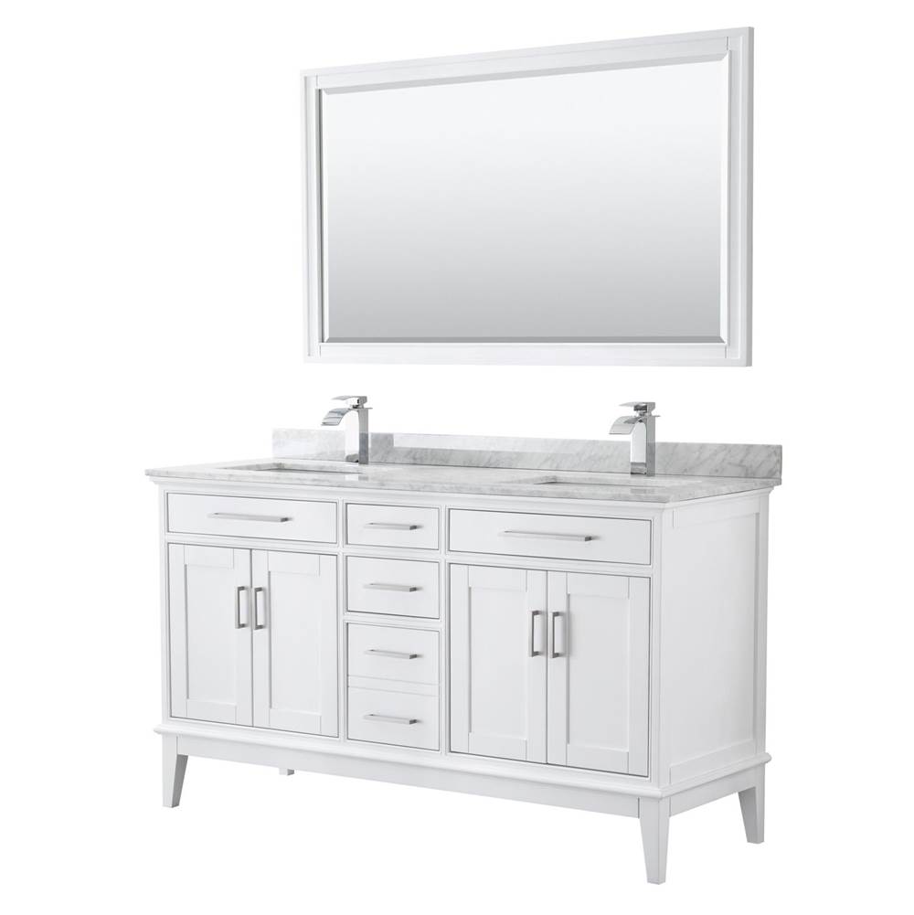 Wyndham Collection Margate 60 Inch Double Bathroom Vanity in White, White Carrara Marble Countertop, Undermount Square Sinks, and 56 Inch Mirror