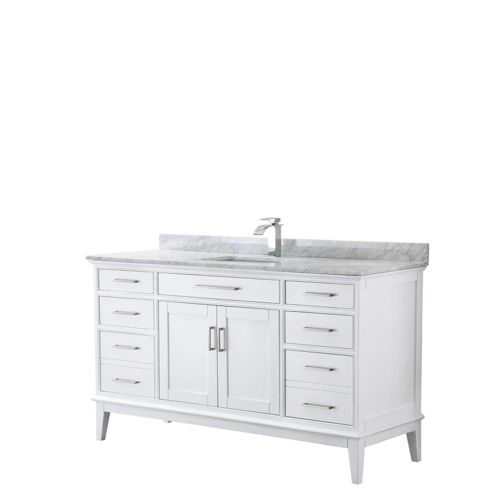 Wyndham Collection Margate 60 Inch Single Bathroom Vanity in White, White Carrara Marble Countertop, Undermount Square Sink, and No Mirror