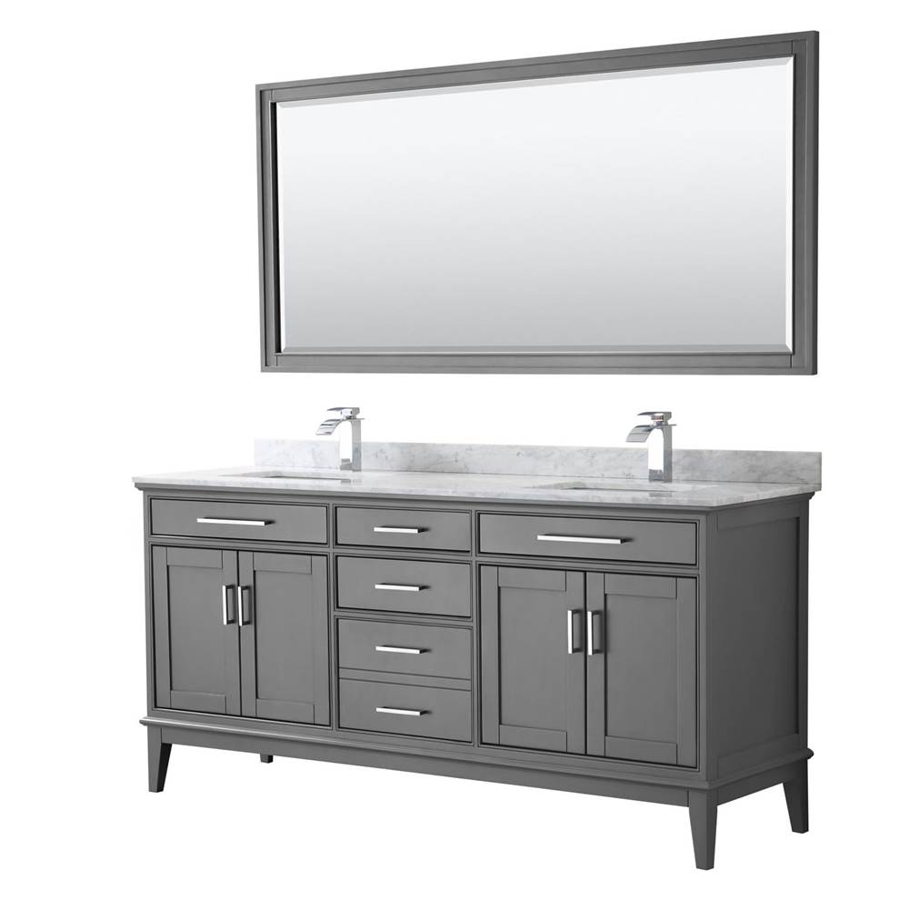 Wyndham Collection Margate 72 Inch Double Bathroom Vanity in Dark Gray, White Carrara Marble Countertop, Undermount Square Sinks, and 70 Inch Mirror
