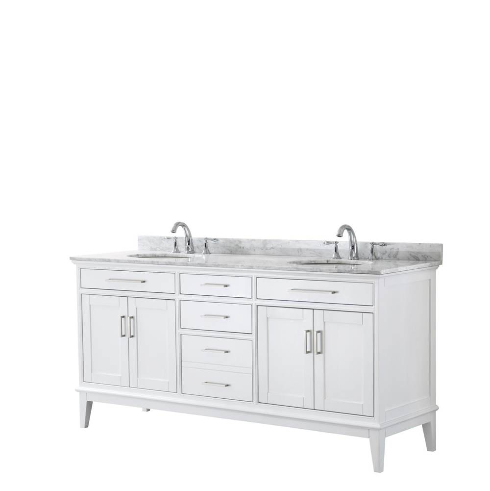 Wyndham Collection Margate 72 Inch Double Bathroom Vanity in White, White Carrara Marble Countertop, Undermount Oval Sinks, and No Mirror