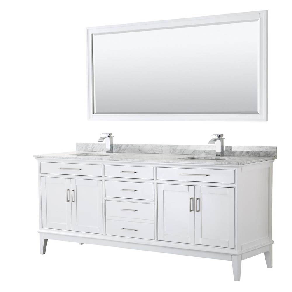 Wyndham Collection Margate 80 Inch Double Bathroom Vanity in White, White Carrara Marble Countertop, Undermount Square Sinks, and 70 Inch Mirror