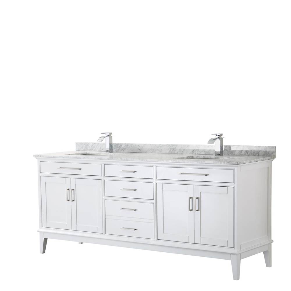 Wyndham Collection Margate 80 Inch Double Bathroom Vanity in White, White Carrara Marble Countertop, Undermount Square Sinks, and No Mirror