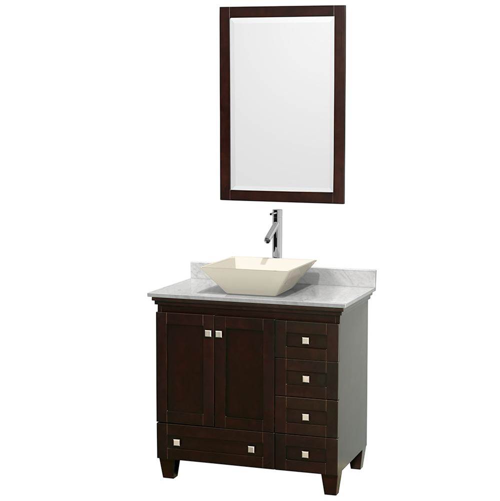 Wyndham Collection Acclaim 36 Inch Single Bathroom Vanity in Espresso, White Carrara Marble Countertop, Pyra Bone Porcelain Sink, and 24 Inch Mirror