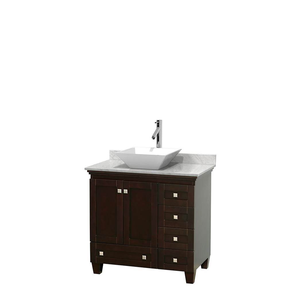 Wyndham Collection Acclaim 36 Inch Single Bathroom Vanity in Espresso, White Carrara Marble Countertop, Pyra White Porcelain Sink, and No Mirror
