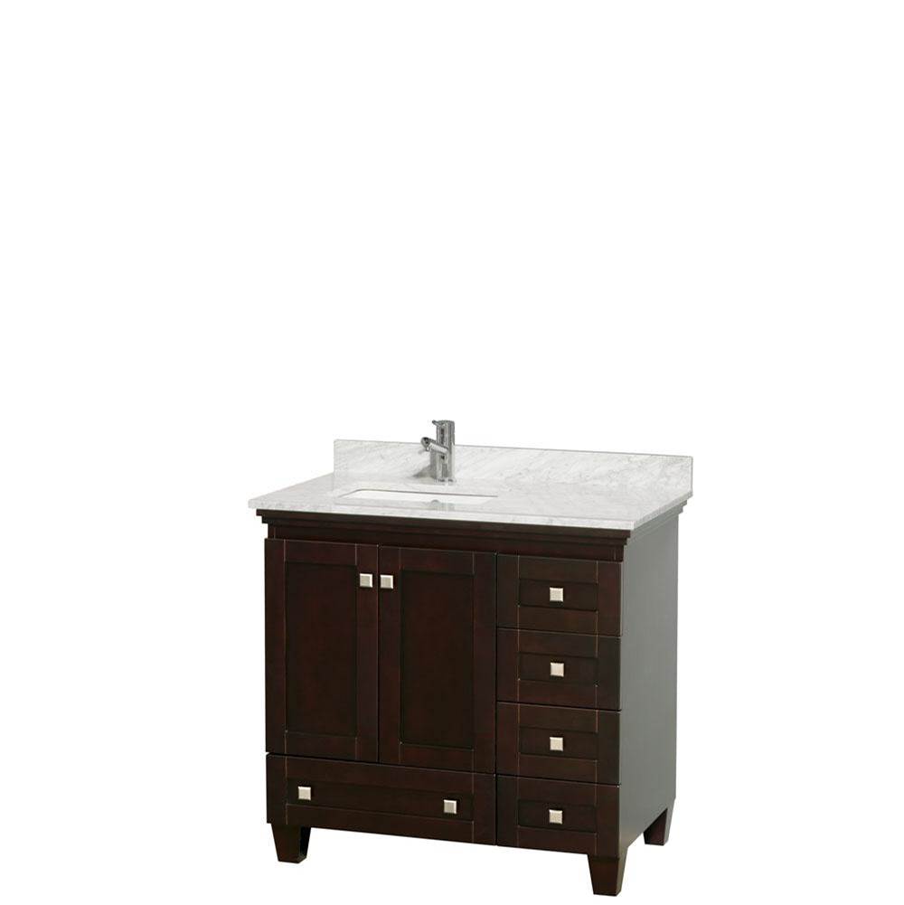 Wyndham Collection Acclaim 36 Inch Single Bathroom Vanity in Espresso, White Carrara Marble Countertop, Undermount Square Sink, and No Mirror