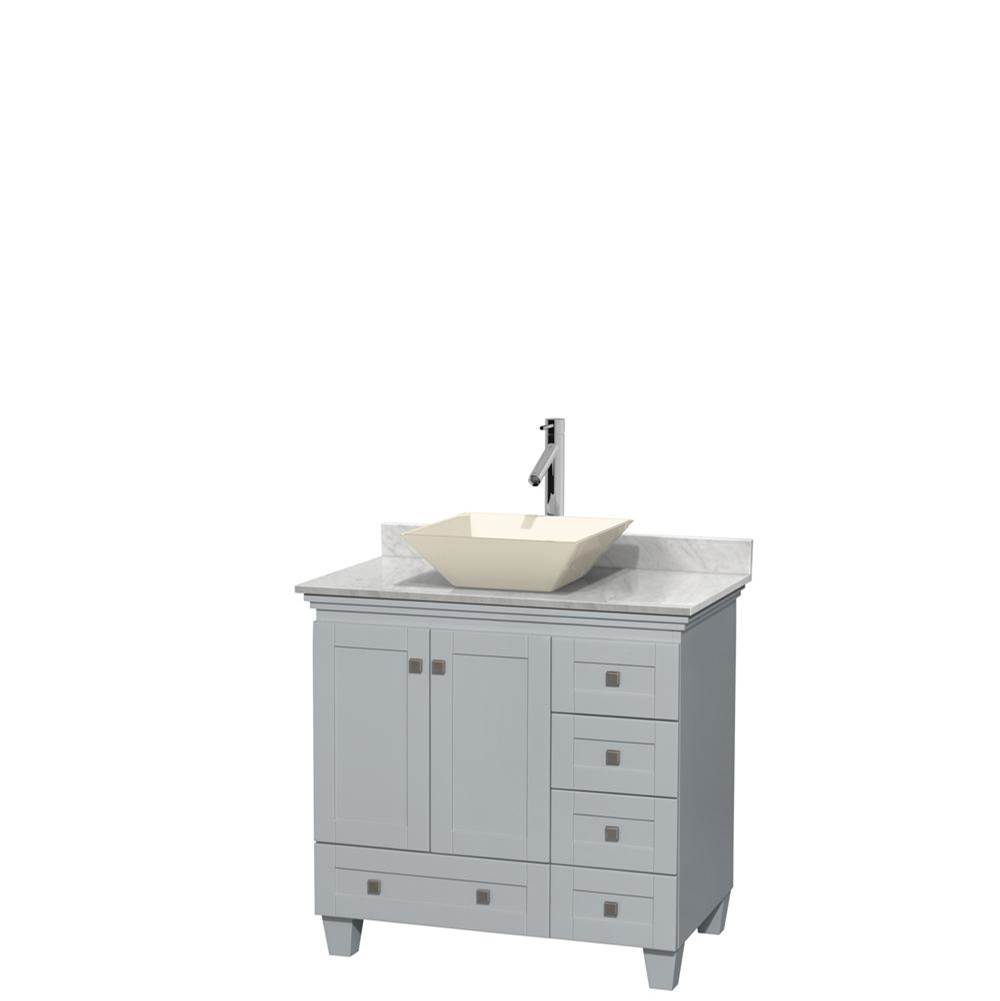 Wyndham Collection Acclaim 36 Inch Single Bathroom Vanity in Oyster Gray, White Carrara Marble Countertop, Pyra Bone Porcelain Sink, and No Mirror