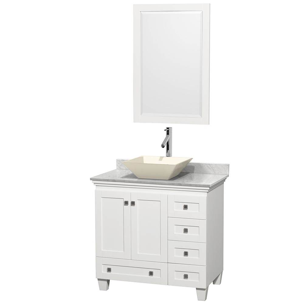 Wyndham Collection Acclaim 36 Inch Single Bathroom Vanity in White, White Carrara Marble Countertop, Pyra Bone Porcelain Sink, and 24 Inch Mirror